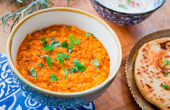 Dhal de lentejas con raita a presión